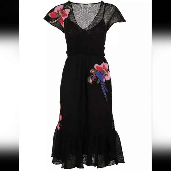 Valentino Black Tropical Floral & Parrot Applique dress - Picture 2 of 10